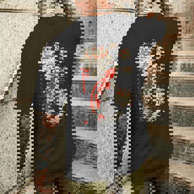 日本の鯉 魚 蓮の花 ヴィンテージ アート 日本 メンズTシャツ バックプリント 彼への贈り物