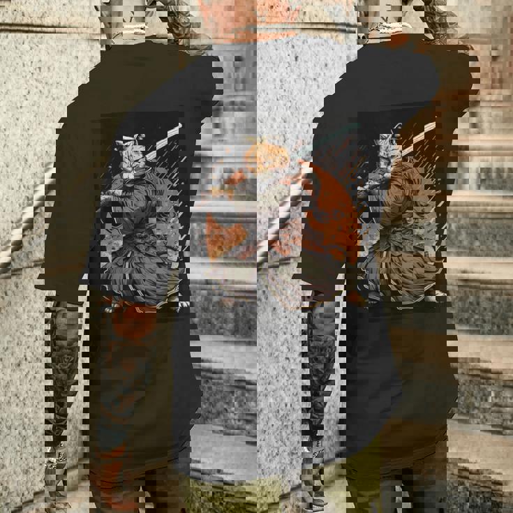 日本アート 猫 忍者 浮世絵 アニメ風 サムライキャット メンズTシャツ バックプリント 彼への贈り物