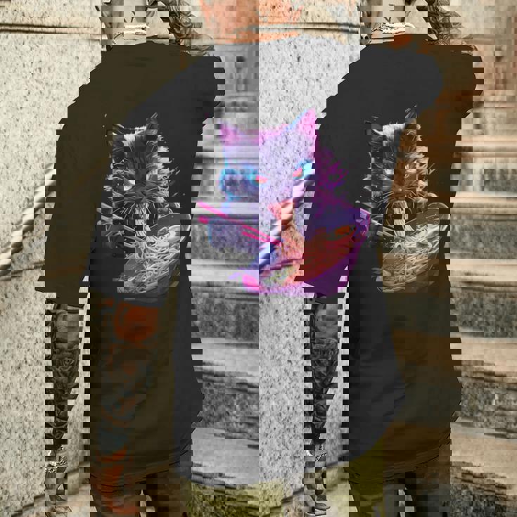 日本美術 ラーメン 猫 忍者 シンセウェーブ スタイル サムライキャット メンズTシャツ バックプリント 彼への贈り物