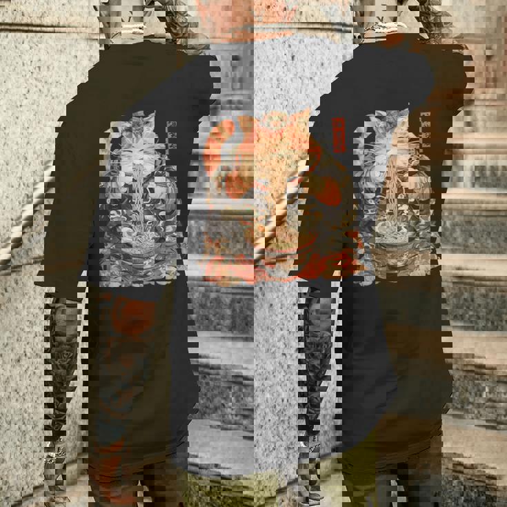 日本美術 ラーメン 猫 忍者 浮世絵 アニメ風 侍猫 メンズTシャツ バックプリント 彼への贈り物