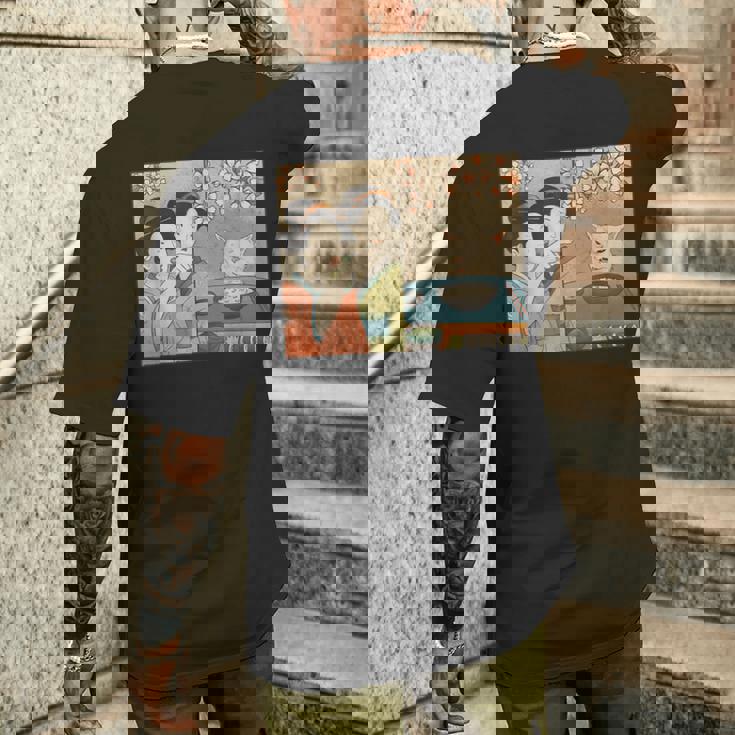 日本美術 桜猫と寿司 メンズTシャツ バックプリント 彼への贈り物