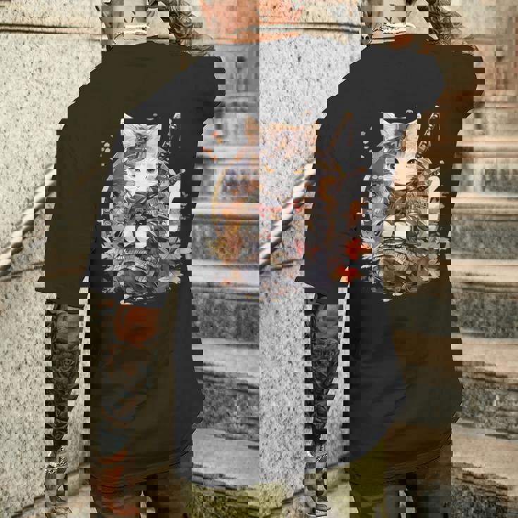 日本美術 猫 忍者 浮世絵 アニメ風 侍猫 メンズTシャツ バックプリント 彼への贈り物