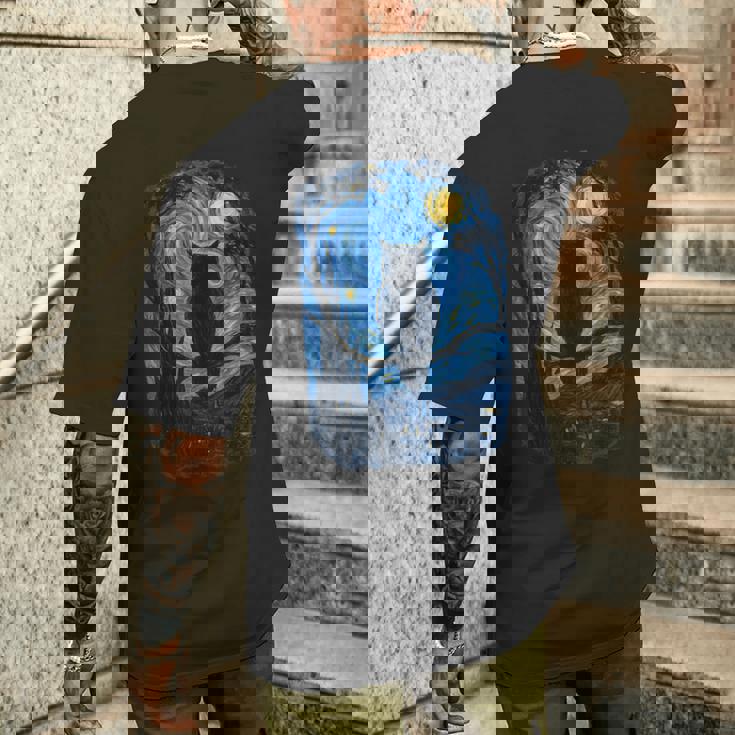 星月フクロウの夜のアートワーク メンズTシャツ バックプリント 彼への贈り物