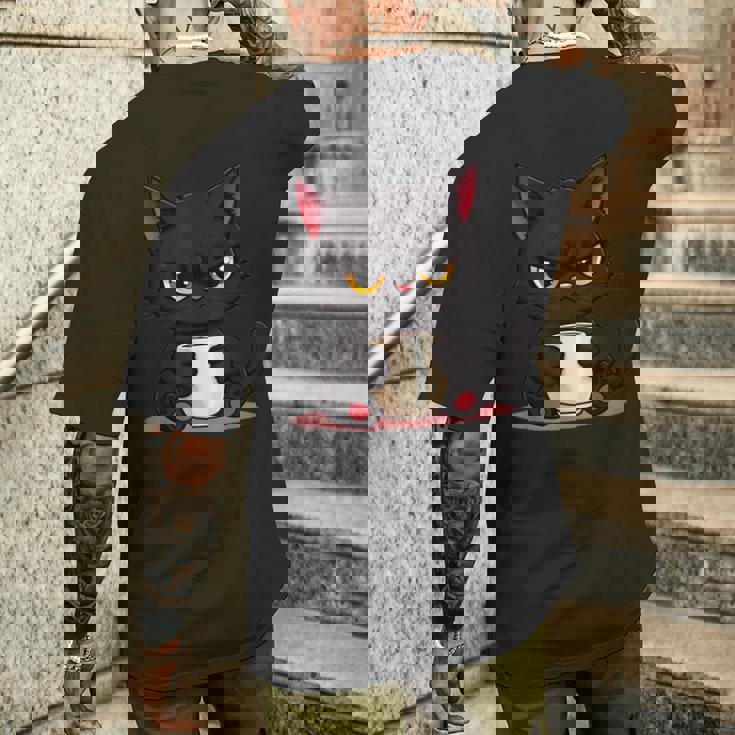 朝が嫌いなコーヒーと可愛い黒猫 メンズTシャツ バックプリント 彼への贈り物