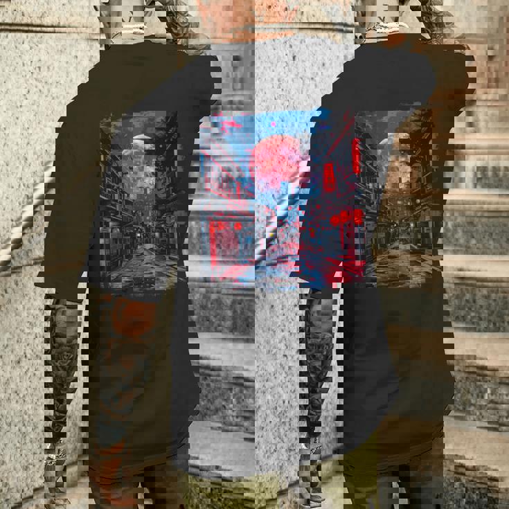 東京の街並み 日本の夜景 ライト付き ヴェイパーウェーブ メンズTシャツ バックプリント 彼への贈り物