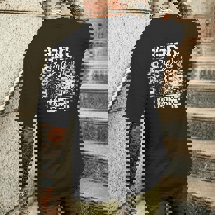 植物 犬 コーヒー おもしろ ガーデニング 犬好き ギフト メンズTシャツ バックプリント 彼への贈り物