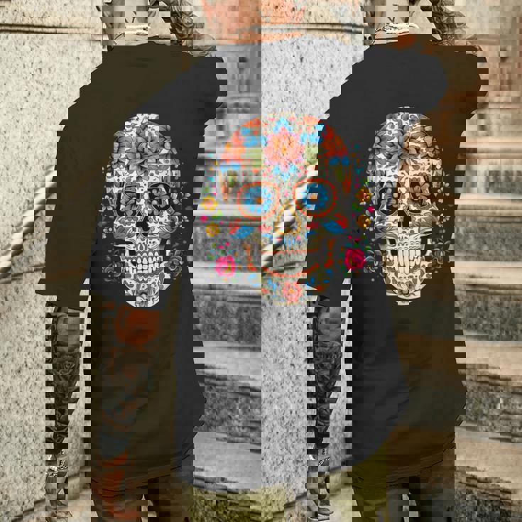 死者の日 シュガースカル 花柄 メキシコの日 カラベラデー メンズTシャツ バックプリント 彼への贈り物