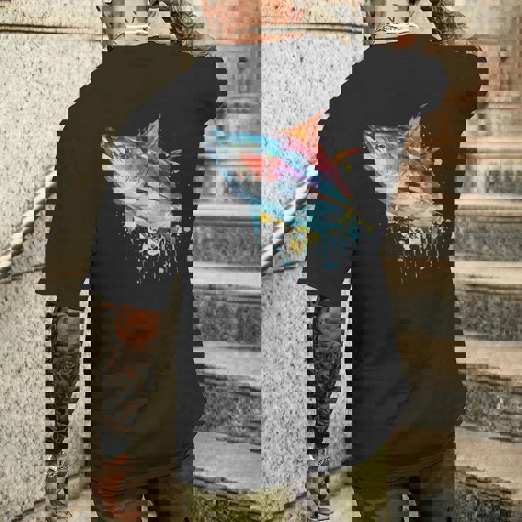 水彩 マグロ 魚 カラフル 海釣り 釣り メンズTシャツ バックプリント 彼への贈り物