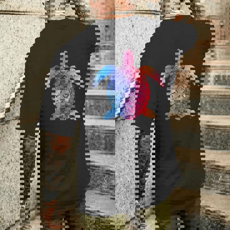 水彩画のようなウミガメのシルエット メンズTシャツ バックプリント 彼への贈り物