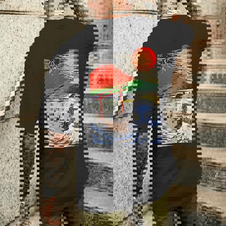 江戸日本 浮世白斎 赤富士山・津波 メンズTシャツ バックプリント 彼への贈り物