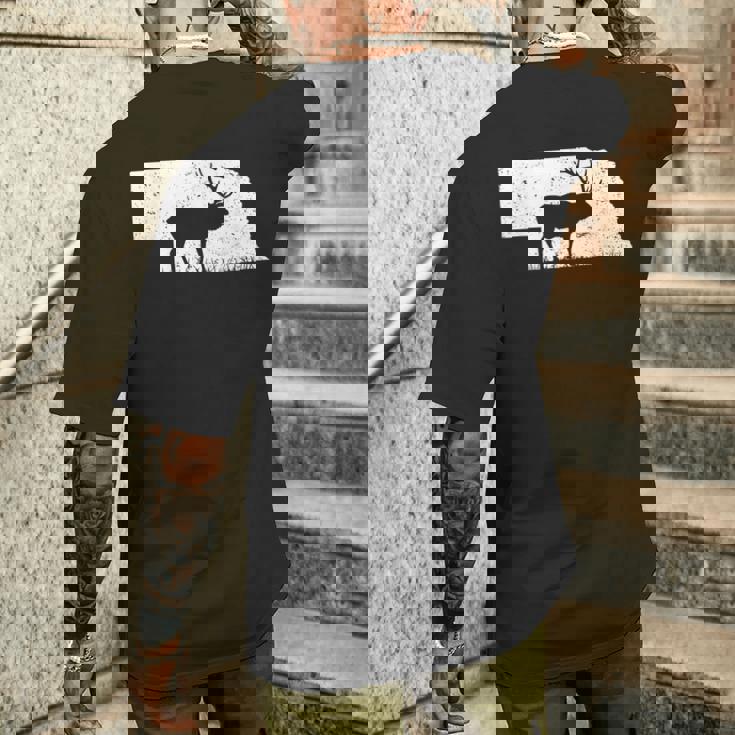 狩猟ヘラジカまたはワピティ ネブラスカ地図アートハンター メンズTシャツ バックプリント 彼への贈り物