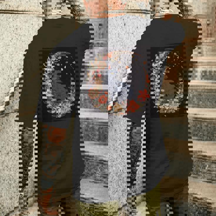 猫 月 花柄 グラフィック メンズTシャツ バックプリント 彼への贈り物