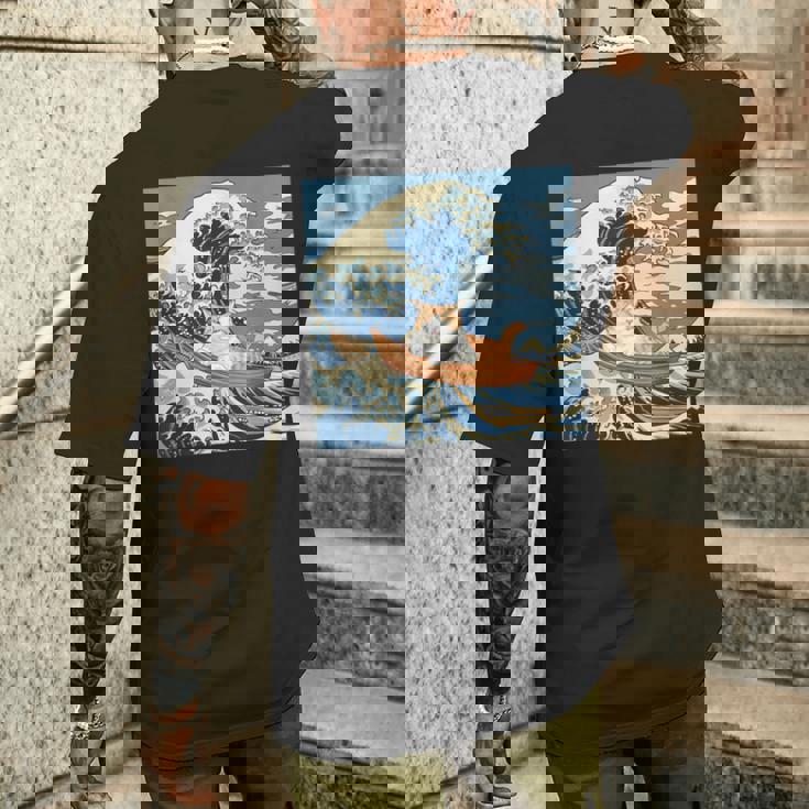 猫 葛飾北斎 神奈川沖浪裏 ネタ 冗談 ギャグ かわいい メンズTシャツ バックプリント 彼への贈り物