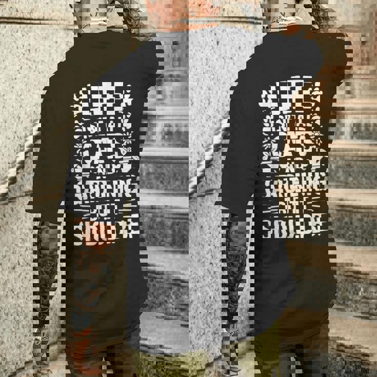 猫とガーデニング 庭師 おもしろガーデニング メンズTシャツ バックプリント 彼への贈り物