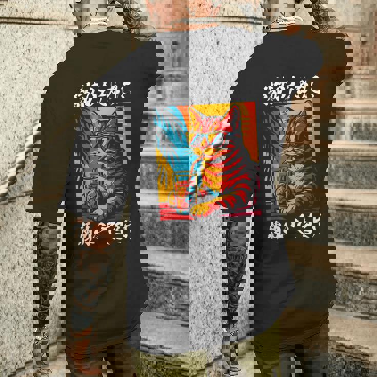 猫のために働いています レトロビーチスタイル猫 面白い メンズTシャツ バックプリント 彼への贈り物