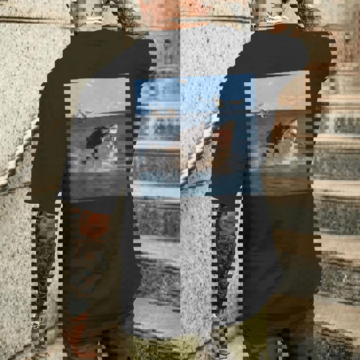 猫を噛むサメの面白いアートと猫好きの面白い猫とサメ。 メンズTシャツ バックプリント 彼への贈り物