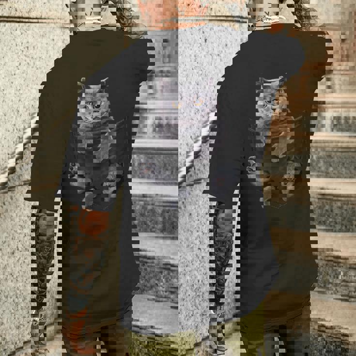 猫好き ブリティッシュショートヘア ポケット入り 面白い子猫 メンズTシャツ バックプリント 彼への贈り物