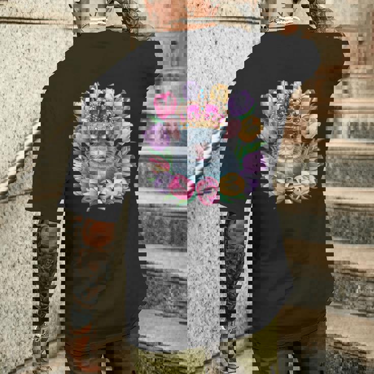 王冠とカラフルなチューリップを持つかわいいチンチラ メンズTシャツ バックプリント 彼への贈り物