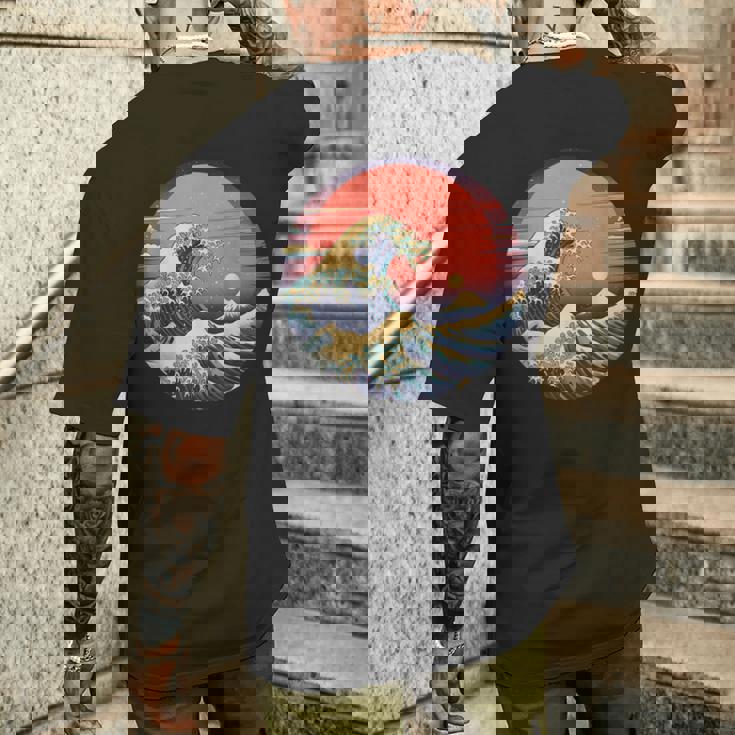 神奈川沖浪裏 葛飾北斎の 冨嶽三十六景 神奈川沖浪裏 富士山 レトロ ヴェイパーウェイヴ メンズTシャツ バックプリント 彼への贈り物