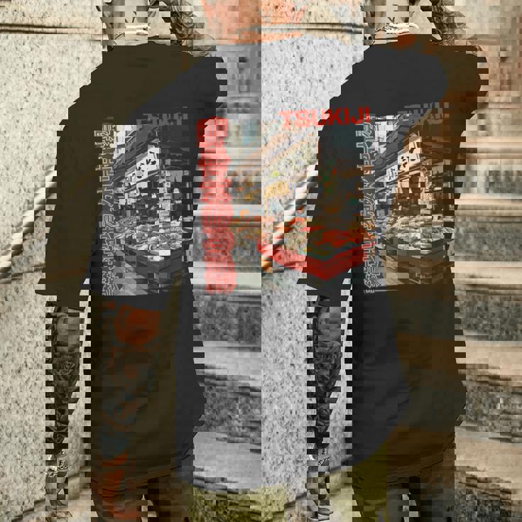 築地魚市場 日本 東京撮影 海鮮屋台 メンズTシャツ バックプリント 彼への贈り物