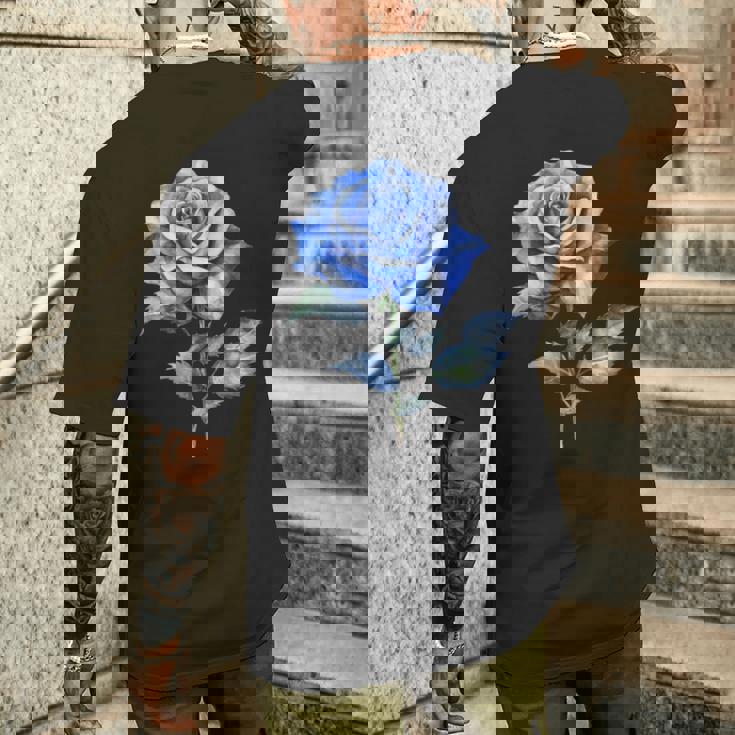 美しいブルーローズフローラルブルーフラワー メンズTシャツ バックプリント 彼への贈り物