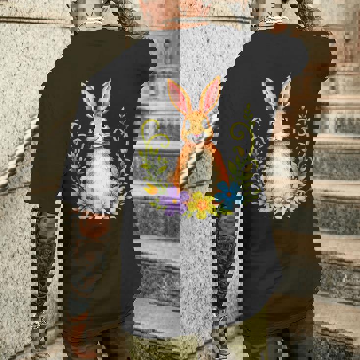 花と葉を持つ愛らしいウサギ 自然デザイン メンズTシャツ バックプリント 彼への贈り物