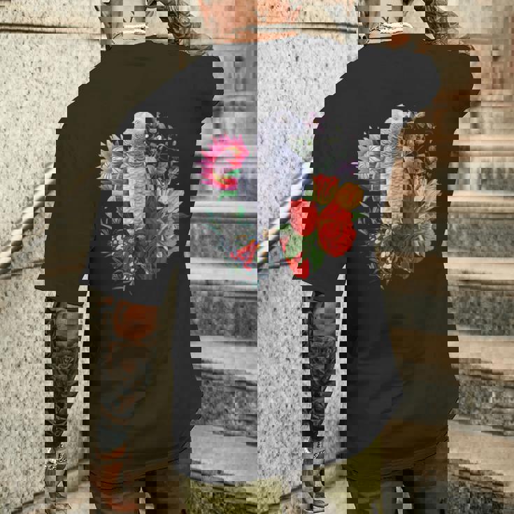 花と蝶とヨウム メンズTシャツ バックプリント 彼への贈り物