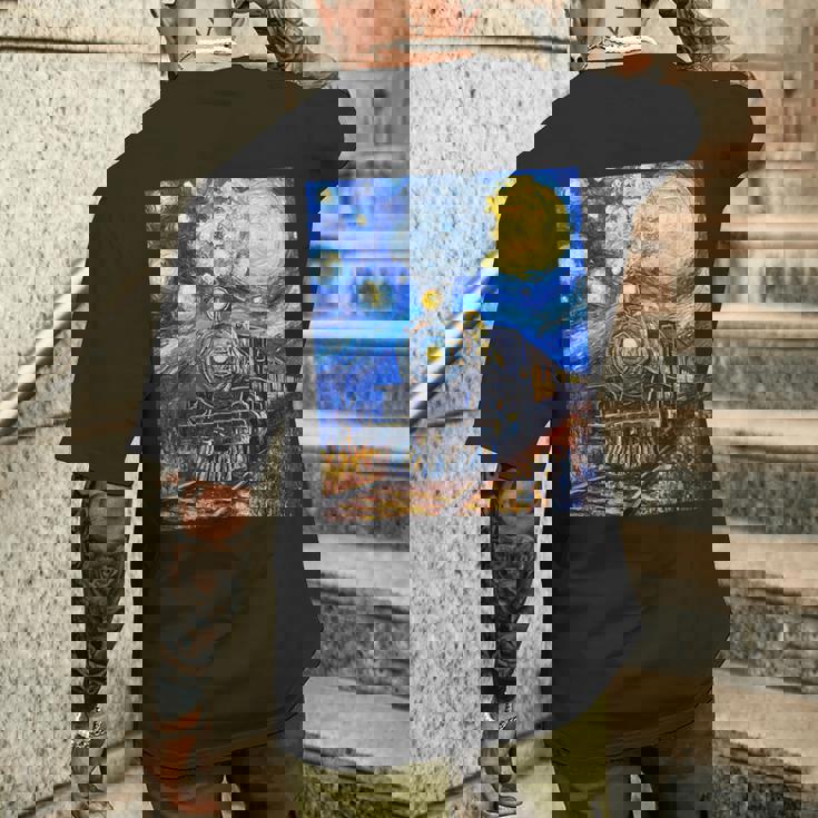 蒸気機関 蒸気機関車 ヴィンテージ ゴッホ 機関車 列車 メンズTシャツ バックプリント 彼への贈り物