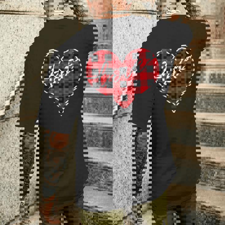 赤黒チェックハート「Love」 メンズTシャツ バックプリント 彼への贈り物