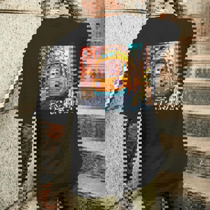 路面電車 Tram かわいい乗り物 おもちゃの乗り物 漫画風電車 鉄道ファン 鉄道旅行 鉄道模型ファン 鉄道風景 メンズTシャツ バックプリント 彼への贈り物