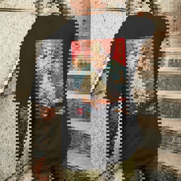 面白い かわいい 和食 アニメ アート スフィンクス 猫 寿司 シェフ メンズTシャツ バックプリント 彼への贈り物