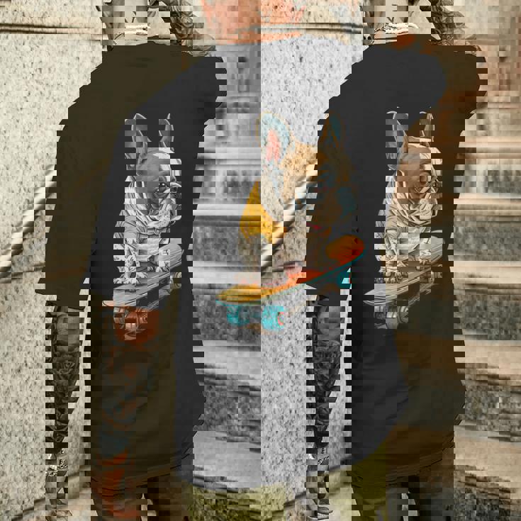 面白い フレンチブルドッグ スケートボード スケーター 犬 イングリッシュドッグ メンズTシャツ バックプリント 彼への贈り物