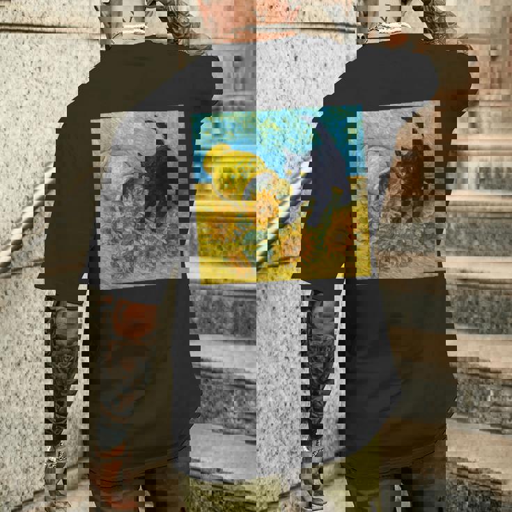 面白いゴッホのひまわり、猫のミーム、黒猫のアート。 メンズTシャツ バックプリント 彼への贈り物