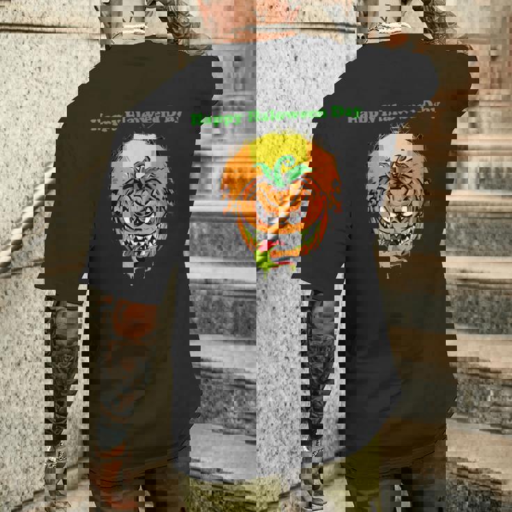 面白いパンプキン&ムーン ハッピーハロウィンデー メンズTシャツ バックプリント 彼への贈り物