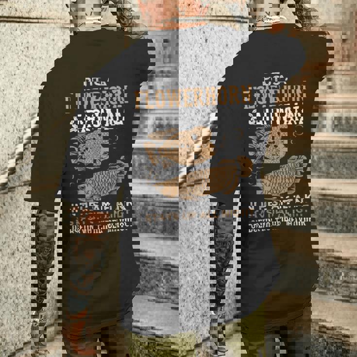 面白いフラワーホーンとアロワナのデザイン 魚族館 メンズTシャツ バックプリント 彼への贈り物