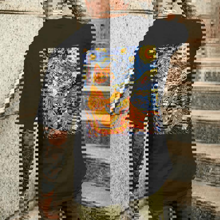 面白いレトロなデザインの猫がギターを弾く 星月夜 メンズTシャツ バックプリント 彼への贈り物