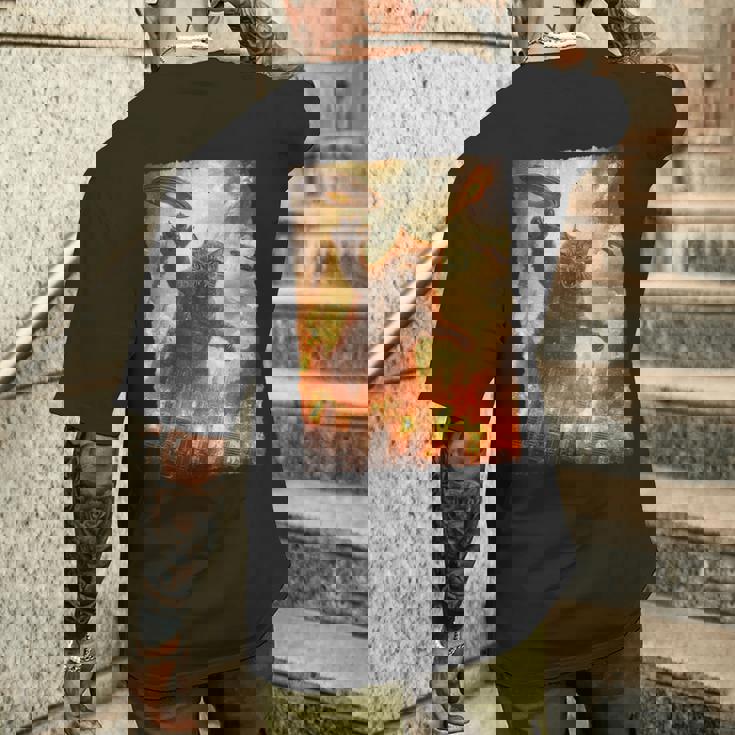 面白いレトロ日本の怪獣モンスター猫セルフィー東京ufo メンズTシャツ バックプリント 彼への贈り物