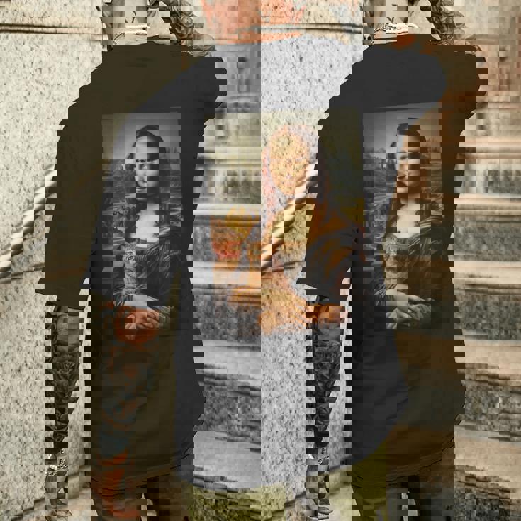 面白い猫 モナリザ 絵画 アート ママ お父さん メンズTシャツ バックプリント 彼への贈り物