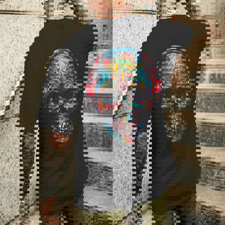 頭蓋骨アート曼荼羅ファンタジーカラフルなヘッドフォンモチーフの頭蓋骨 メンズTシャツ バックプリント 彼への贈り物