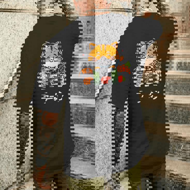 食べ物好きのためのかわいい日本のかわいい猫寿司 メンズTシャツ バックプリント 彼への贈り物