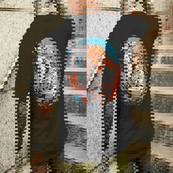 馬のファンのためのアニメガールの象徴的な乗馬デザイン。 メンズTシャツ バックプリント 彼への贈り物