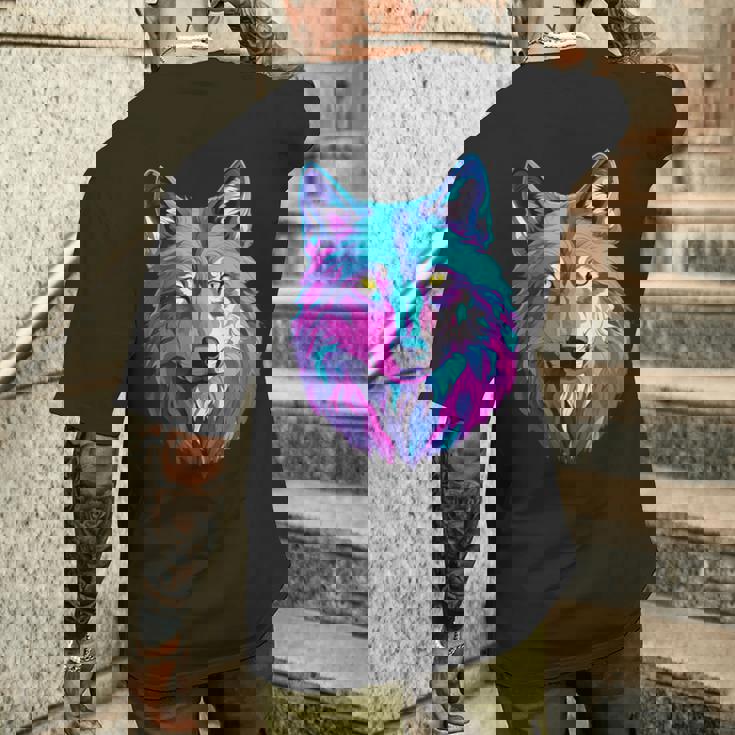 鮮やかなマルチカラーオオカミ メンズTシャツ バックプリント 彼への贈り物