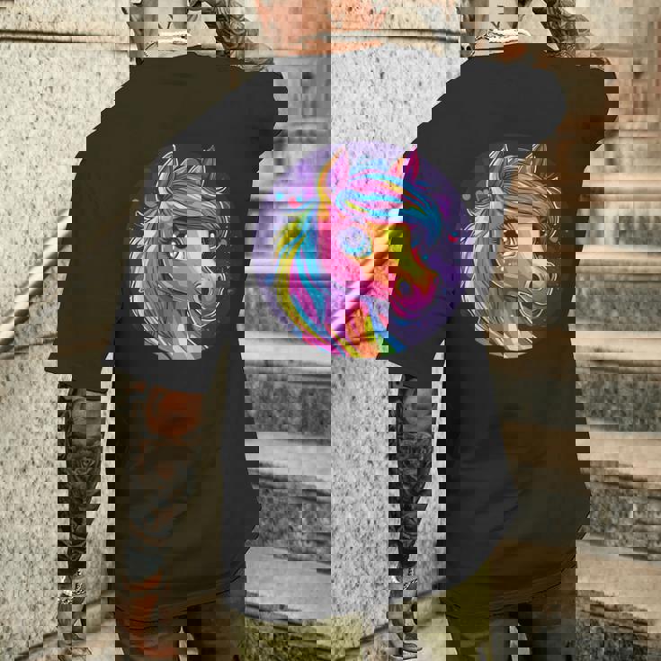 鮮やかな虹色の馬の魔法の夢 メンズTシャツ バックプリント 彼への贈り物