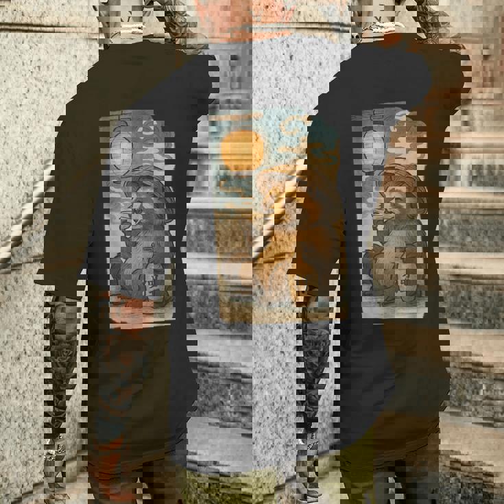 麦わら帽子をかぶったたぬき・酒・提灯・浮世絵風 メンズTシャツ バックプリント 彼への贈り物