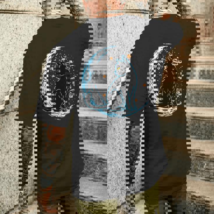 黒猫 三日月 セーラームーンフェイズ 占星術 ペット愛好家 メンズTシャツ バックプリント 彼への贈り物