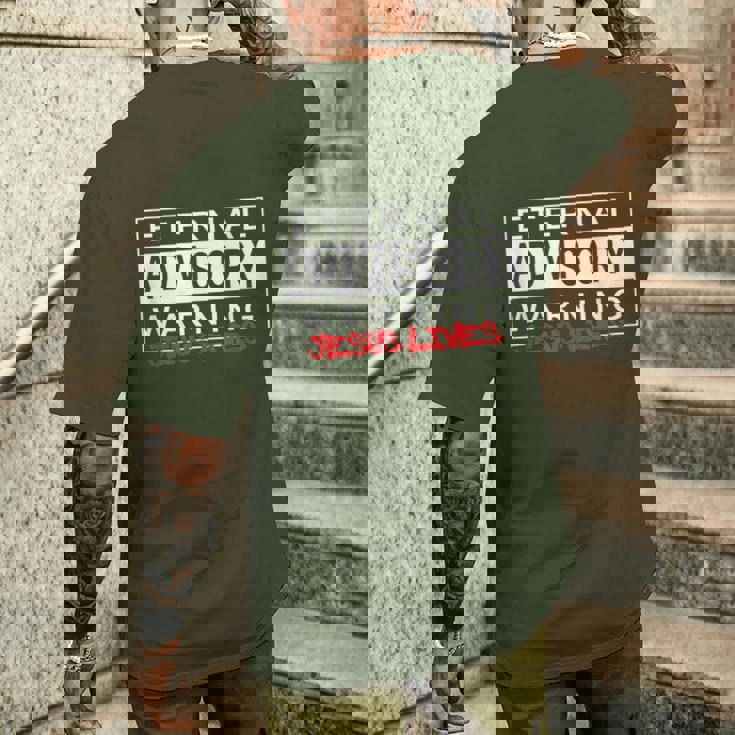 Eternal Advisory Warning Jesus Lives Cool Christmas メンズTシャツ バックプリント 彼への贈り物