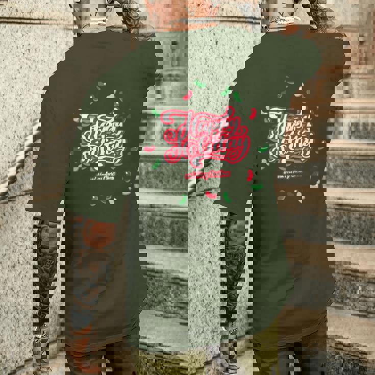 Happy Holiday And Merry Christmas Quote Festive Greetings メンズTシャツ バックプリント 彼への贈り物