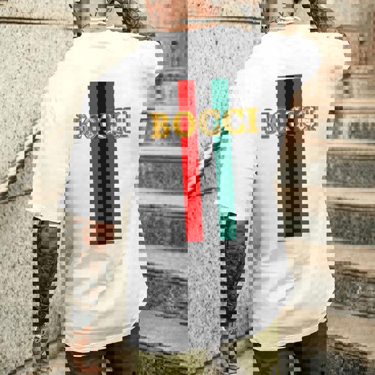 Bocci ぼっち《フェイクゴールド ロゴ》緑 赤 ライン【変なデザイン屋さん】陰キャ オタク ブランド パロディ 面白 長袖tシャツ メンズTシャツ バックプリント 彼への贈り物