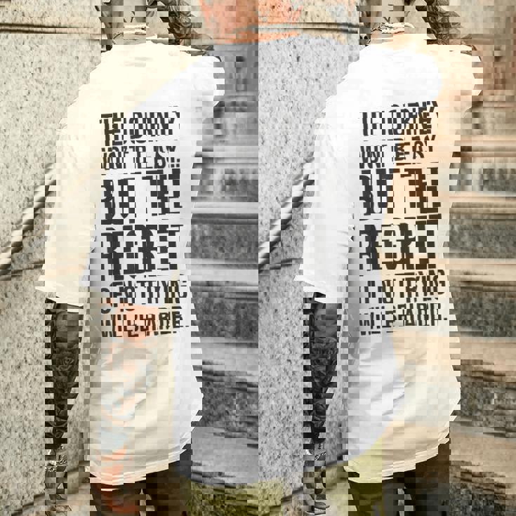 Easy Journeys Regret ジム、ハッスル、成功、モチベーションアップ メンズTシャツ バックプリント 彼への贈り物