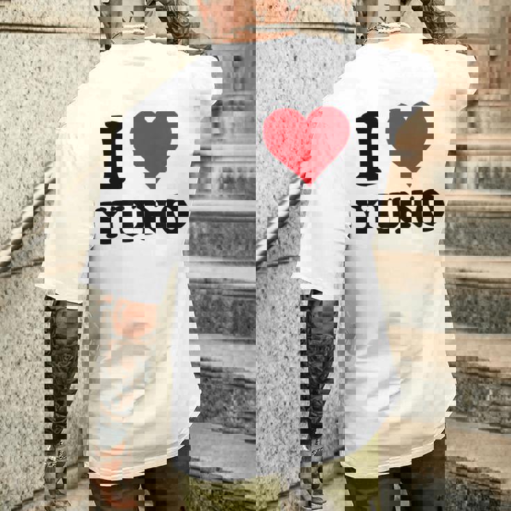 I Heart Yuno ファーストネーム I Love パーソナライズ メンズTシャツ バックプリント 彼への贈り物